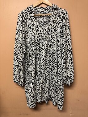 UMGEE L Black White Floral Paisley Boho Dress Tiered Mini Balloon Long Sleeve